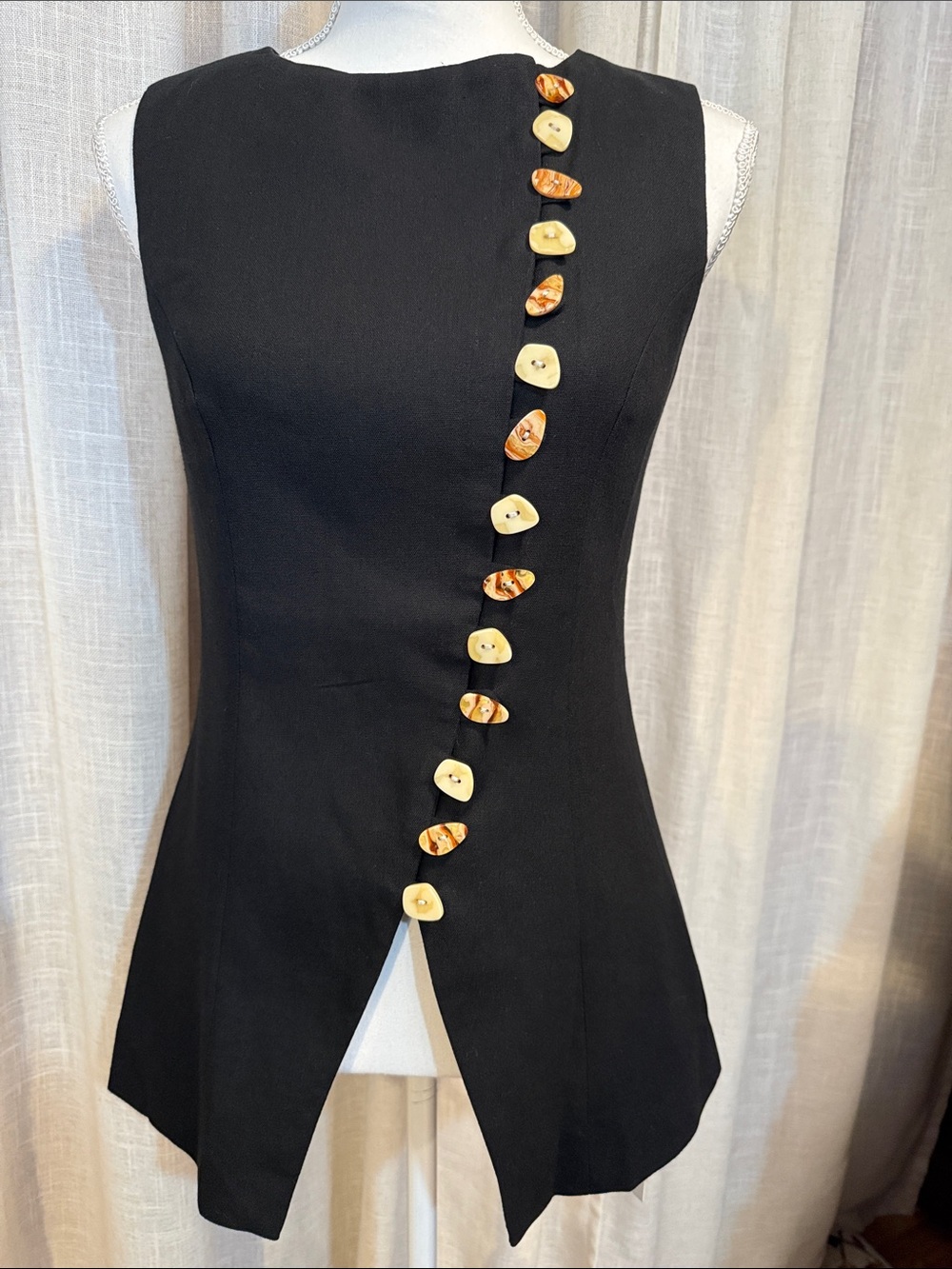 Commense Black Linen Blend Asymmetrical Button Front Tunic Vest Size S